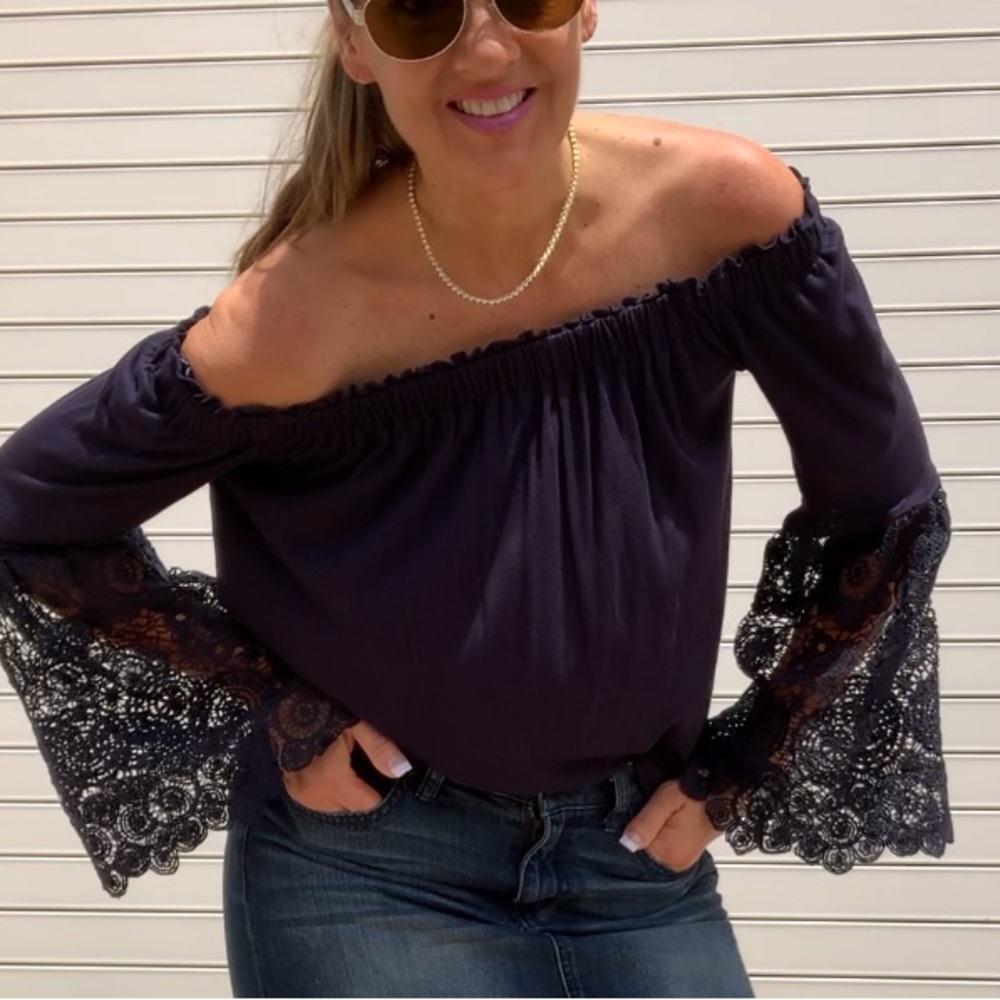 LOFT Navy Off Shoulder Lace Bell Sleeve Knit Top - Picture 7 of 7
